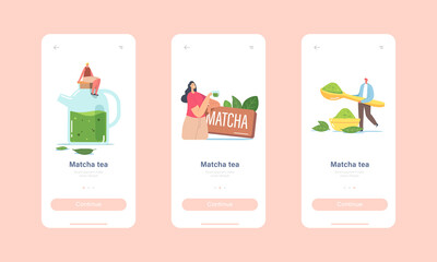 People Drinking Matcha Tea Mobile App Page Onboard Screen Template. Tiny Characters at Huge Teapot and Cup