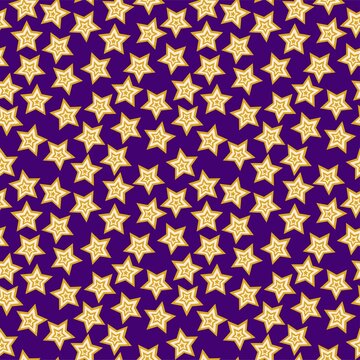 Stars On Deep Purple Night Sky Seamless Pattern Vector. Funny Cartoon Geometric Stars Chaotic Endless Texture. Childish Star Falling Pattern. Perfect For Home Decor, Clothes, Dinner Napkins And More