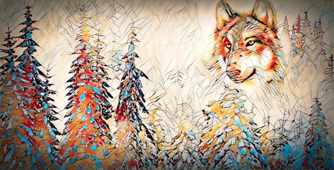 mountain snowy landscape with wolf, graphic effect.