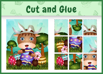 Children board game cut and glue themed easter with a cute buffalo using bunny ears headbands hugging eggs