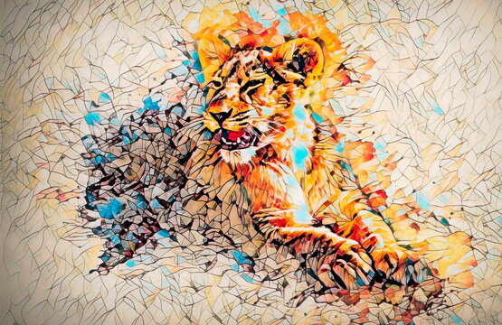 cute lion and graphivc effect. Softly blurred watercolor background.