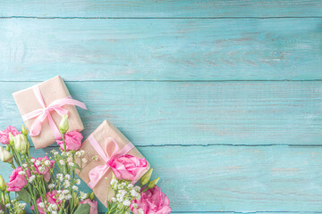 Beautiful spring flowers with gifts