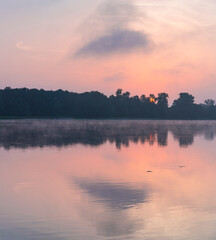 Naklejka premium Mist and Sunrise at Loire River, La Chapelle-aux-Naux, Indre-et-Loire Department, The Loire Valley, France, Europe