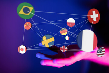 Connection lines Around map with all country flags, Futuristic Technology