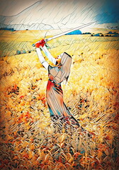 Young woman with ornamental dress and sword in hand standing on a wheat field with sunset. Natural background.