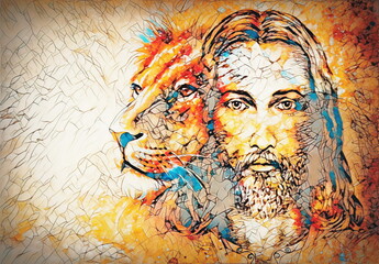 Fototapeta premium painting of Jesus with a lion, on beautiful colorful background with hint of space feeling, lion profile portrait.