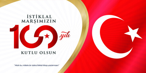 istiklal marsi yazari 100.yil. Mehmet Akif Ersoy Türk şair, yazar, akademisyen ve milletvekili. Translation: Mehmet Akif Ersoy Turkish poet, author, academic and member of parliament. 100 years. Logo.