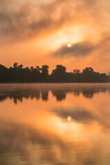 Fototapeta premium Sunrise at Loire River, La Chapelle-aux-Naux, Indre-et-Loire Department, The Loire Valley, France, Europe