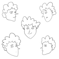 Set of five faces, curly-haired boy's emotions. Sketches and doodles style illustration. Can be used for design, avatars, icons, stickers, blog illustrations, textiles, packaging, wrapping paper.