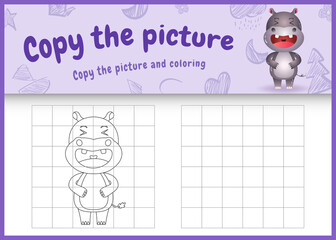 copy the picture kids game and coloring page with a cute hippo character illustration