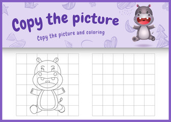 copy the picture kids game and coloring page with a cute hippo character illustration