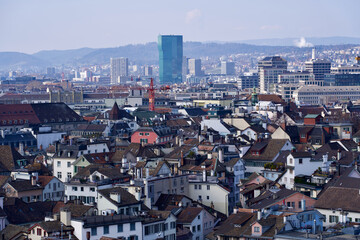 Panoramic view over the old town of Zurich. Photo taken March 7th, 2021, Zurich, Switzerland.