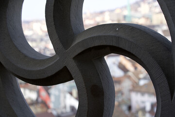Stone spiral at top of Karl's church tower of great minster (German Grossmünster). Photo taken...