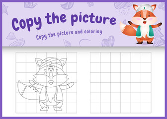 copy the picture kids game and coloring page themed ramadan with a cute fox using arabic traditional costume