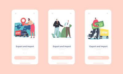 Export or Import Mobile App Page Onboard Screen Template. Businessmen Characters Shaking Hands, Truck Logistics Concept