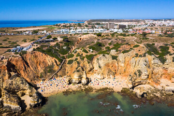 Aerial from the rocky southcoast near Lagos in the Algarve Portugal