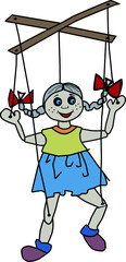 Puppet girl on ropes with control sticks - obrazy, fototapety, plakaty