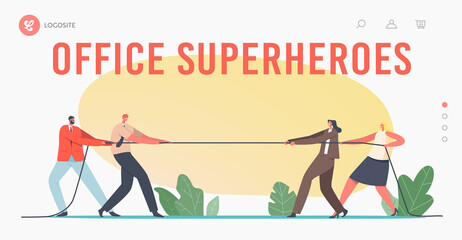 Gender Team Rivalry, Office Superheroes Fighting Landing Page Template. Male and Female Businesspeople Tug of War Fight