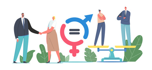 Gender Sex Equality and Balance Concept. Male and Female Business Characters Shaking Hands, Business People on Scales