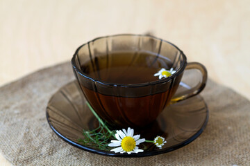 close up glass cup of Herbal tea with chamomile tea on sackcloth on a light wooden table with copy space. cup fo tea with fresh flowers and green leaves on yellow background.