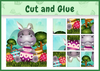 Children board game cut and glue themed easter with a cute hippo using bunny ears headbands hugging eggs