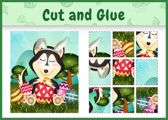 Children board game cut and glue themed easter with a husky dog chick using bunny ears headbands hugging eggs