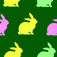 Spring Theme Easter Holiday Colorful Bunny Rabbit Silhouette Pattern on Green