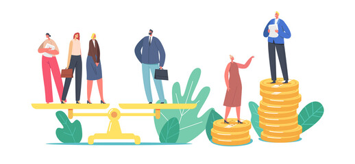 Gender Discrimination and Sex Inequality and Imbalance Concept. Male and Female Characters on Scales, Unequal Salary