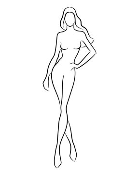 Silhouette of a beautiful nude woman, vector illustration. Female body line art. Fashion model posing. Beauty logo design element.