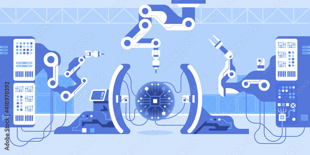 Poster robot arm machines create huge microchips or circuit