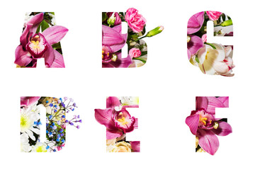 Floral volume letters for text from different varieties of Flowers