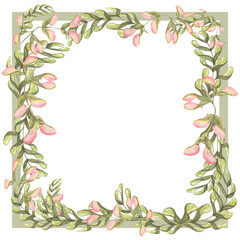 Fototapeta premium The frame is square made of different green leaves painted in watercolor, floral frame decor