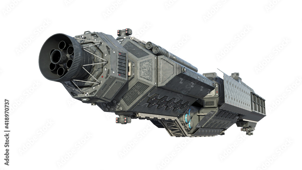 Wall mural spaceship, alien ufo spacecraft in flight isolated on white background, rear view, 3d rendering