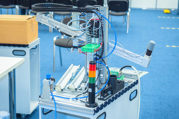 Mechatronic machine in close-up. Industrial equipment. Production computerized machine. Mechatronic units in CNC machines. Concept - design of production lines Equipment for production lines.