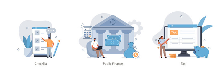 Various Finance Icons. Characters Calculating and Filling Tax From, Analyzing Public Financial Data, Putting Check Mark on Checklist. Finance Audit Concept. Flat Cartoon Vector Illustration. © Irina Strelnikova