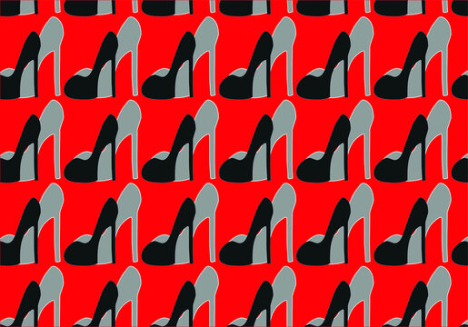 Seamless pattern with women's fashionable beautiful shoes. A repeating design with black and gray shoes on a red background. Can be used as a cover for trending shoes, bags, gifts, postcards
