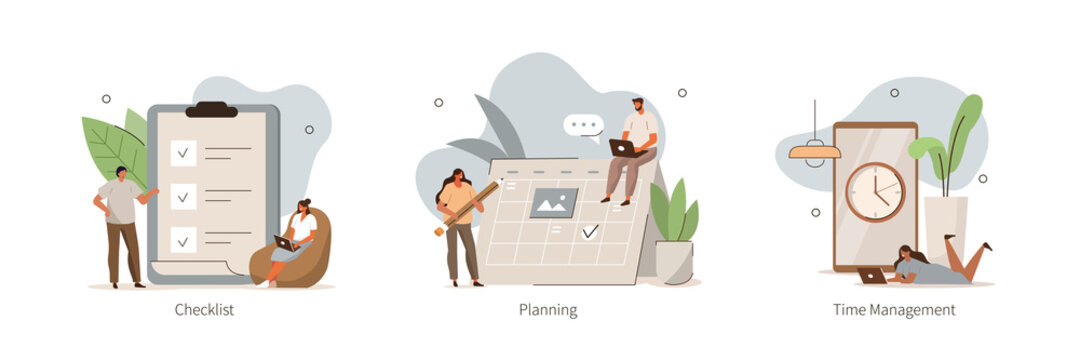 People Characters Planning Schedule, Managing Work Time and Filling To Do Checklist. Woman and Man Organizing Daily Tasks. Time Management and Organization Concept. Flat Cartoon Vector  Illustration.