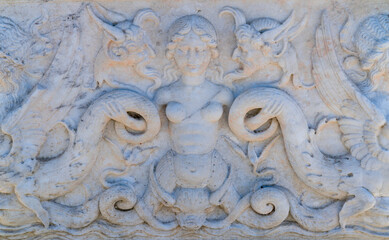 Fountain decoration, Villesavin Castle, Tour-en-Sologne, Loir-et-Cher Department, The Loire Valley, France, Europe
