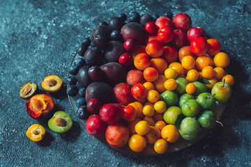 Multicolored plums on a plate are laid out by color.