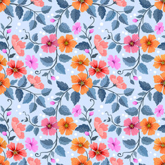 Amazing seamless floral pattern with bright colorful flowers and leaves on a light blue background.
