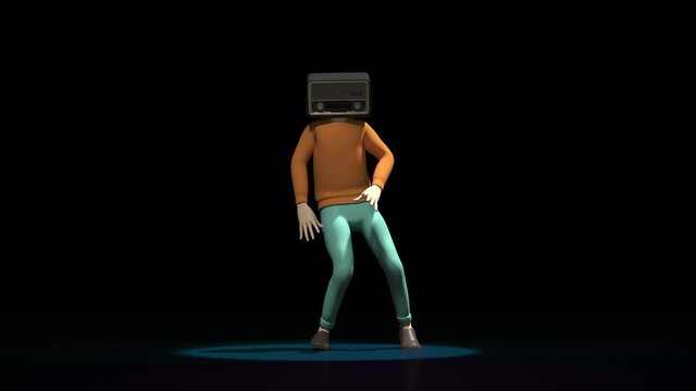 Cartoon man radio retro head style is dancing hip hop break dance loop movement under spot light with 3d rendering include alpha path. 