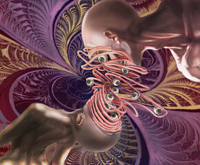 psychedelic illustration man and woman merge on fractals background