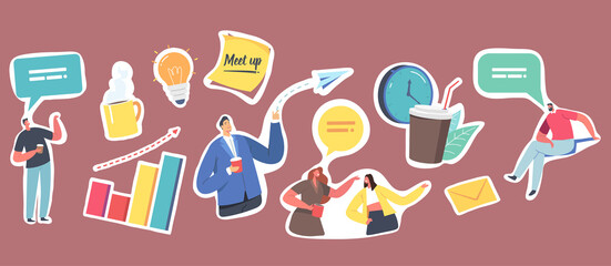 Set Stickers Colleagues Meetup. Businesspeople Characters Company Employees, Coffee Cup, People Chatting, Data Analysis