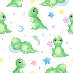 Vector seamless pattern with funny dinosaurs, stars and candy Sleeping, sitting cartoon watercolor cute baby dinosaur. For cards, invitations, wallpaper