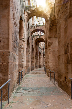 Vaulted arched passage or enfilade of the Amphitheatre of El Jem, Tunisia.