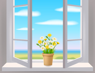 Open window in interior, view on landscape, spring, flower pot with flowers daisy and dandelions on windowsill. Vector illustration template, isolated realistic, banner
