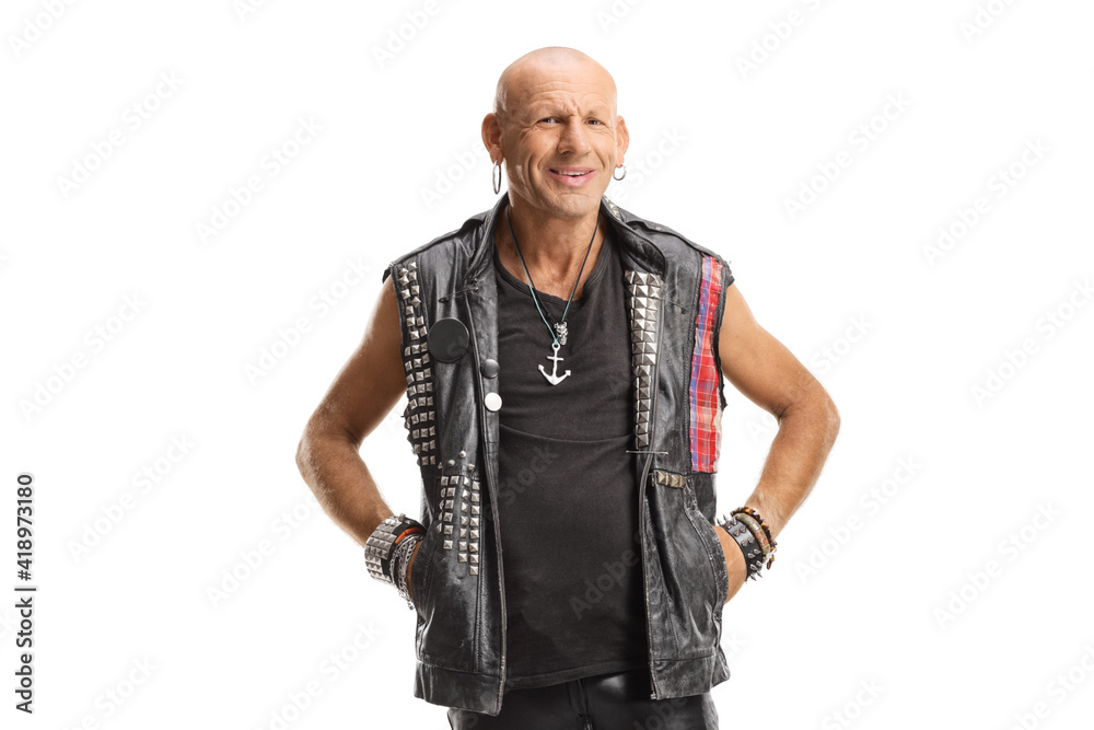 Canvas Prints bald punk in leather clothes standing and smiling