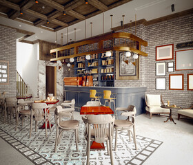 3d render of vintage cafe restaurant