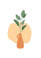 Leaves on branch in simple vase on abstract shape. Vector illustration with houseplant isolated on white background. Green flower in orange jug.