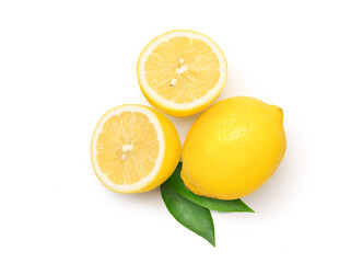 Flat lay (top view) of lemon with slices and green leaf isolated on white background.